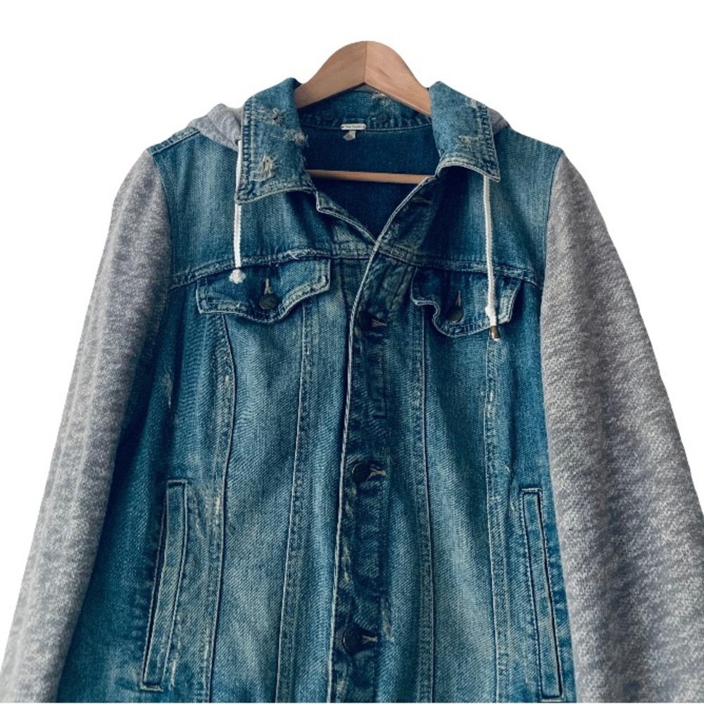 Free People Distressed Knit Hooded Jean Jacket Blue Gray Women’s L Y2k Grunge - Picture 5 of 10